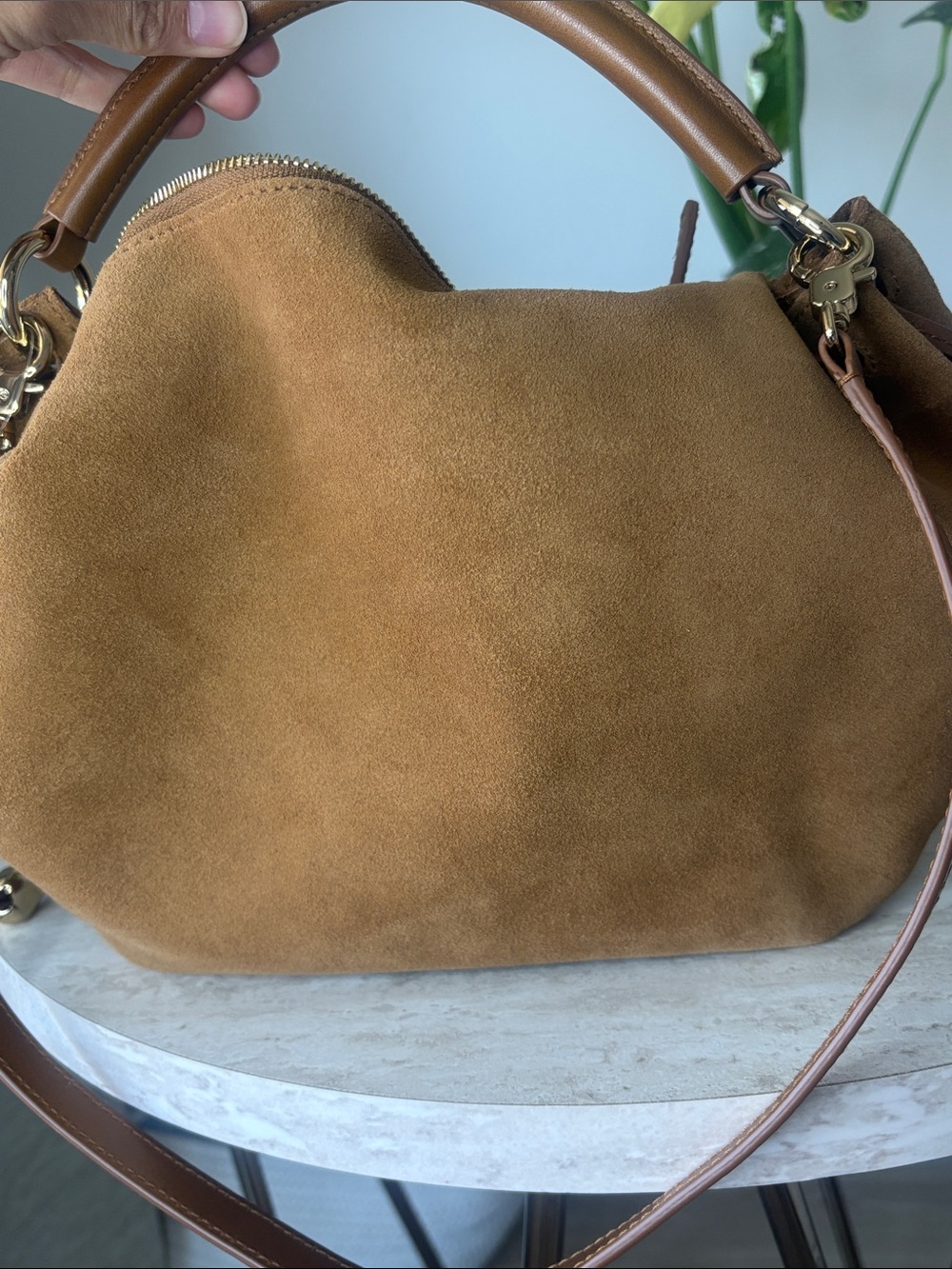 The Camren Gathered Shoulder Bag in aged cognac suede - Picture 12 of 16